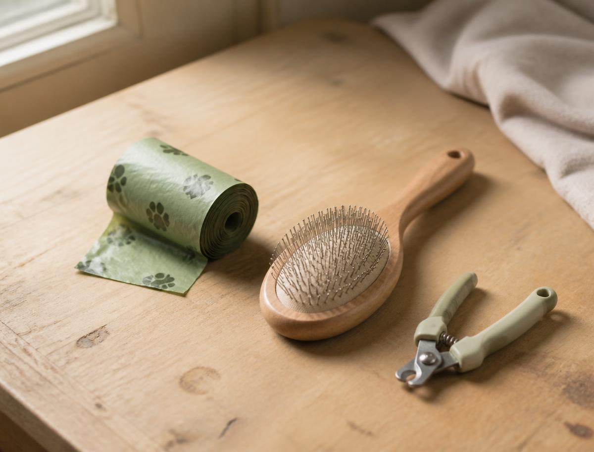 Rolle Kotbeutel, Bürste mit Holzrücken und kleine Krallenzange