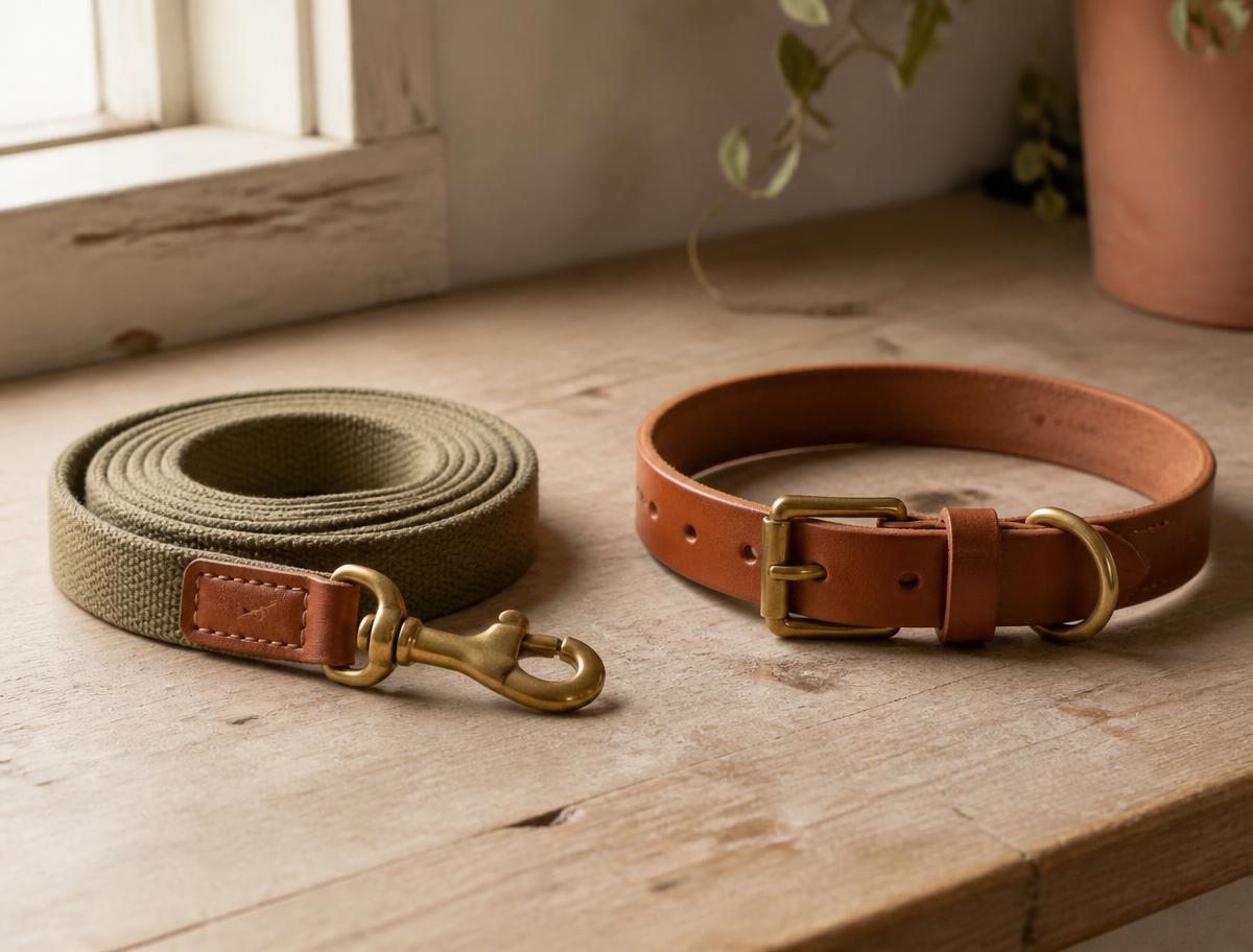 Aufgerollte Führleine aus Gurtband neben cognacfarbenem Lederhalsband mit Messingschnalle