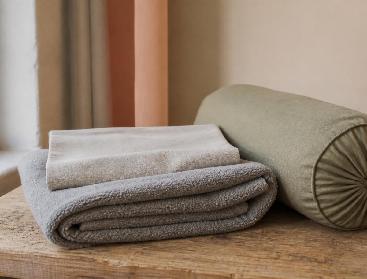 Gefaltete Hundedecke aus Fleece mit Canvas-Stoff und zusammengerolltem Kissen