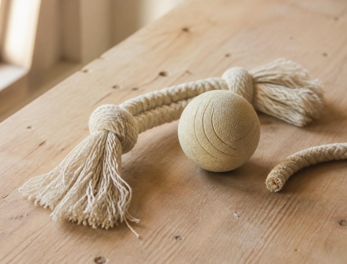 Zerrseil aus Naturbaumwolle und Ball aus Naturkautschuk auf einer Holzwerkbank