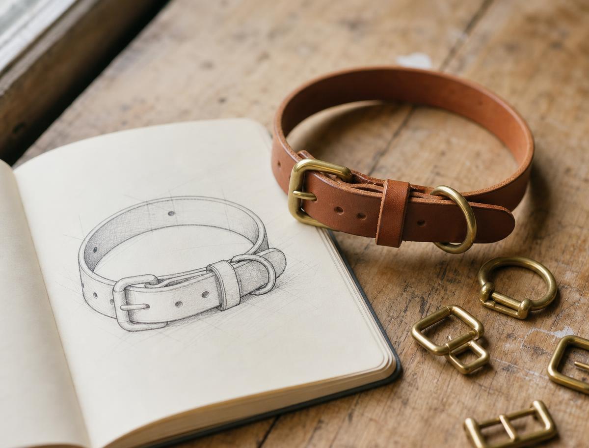 Erstes Muster eines Lederhalsbands mit Messingbeschlag