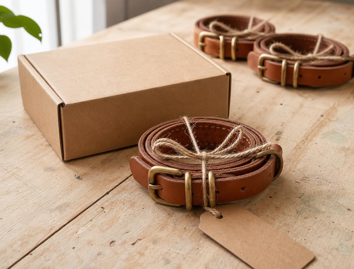 Fertiges Lederhalsband mit Verpackung und Anhänger